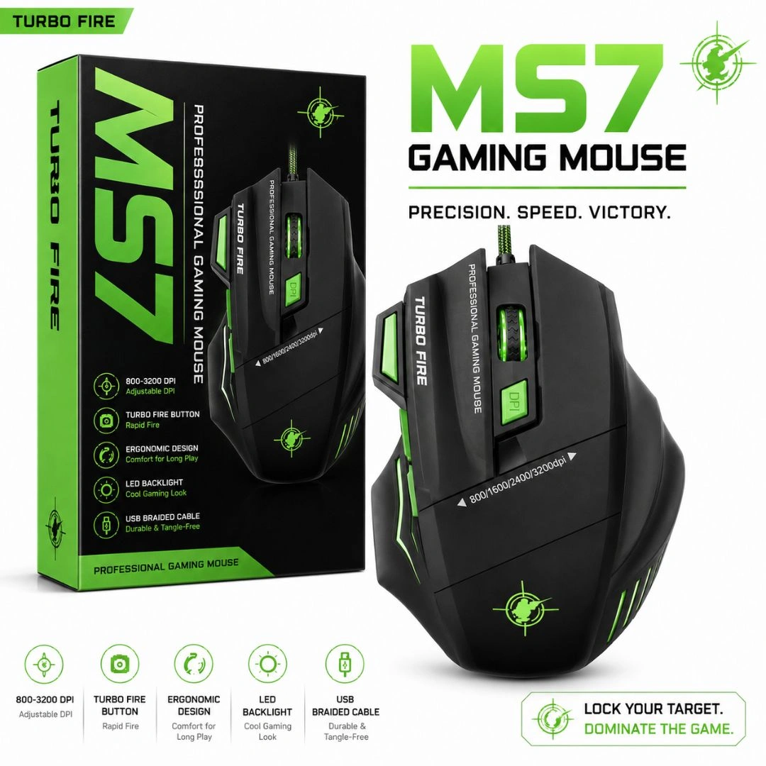 MS7 Gaming Mouse | 7-Button Wired USB Mouse | Ergonomic Design | Optical Sensor | PC & Laptop